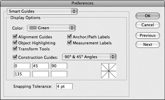 The Smart Guides section of the Preferences dialog box