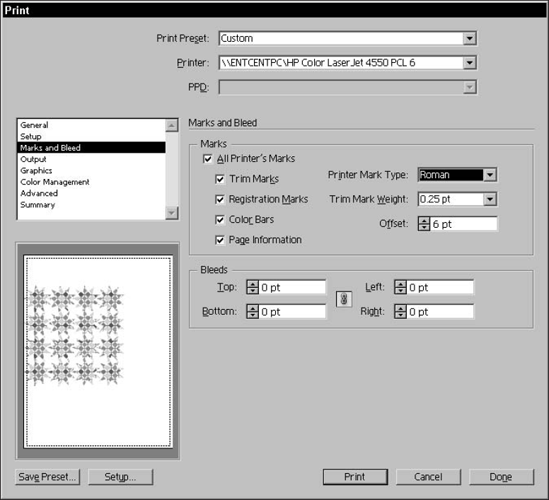 Use the Print dialog box to add crop marks.