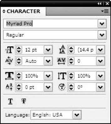 The Character panel provides access to many Type options.