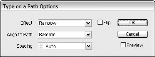 The Type on a Path Options dialog box allows you to add some special effects to type.