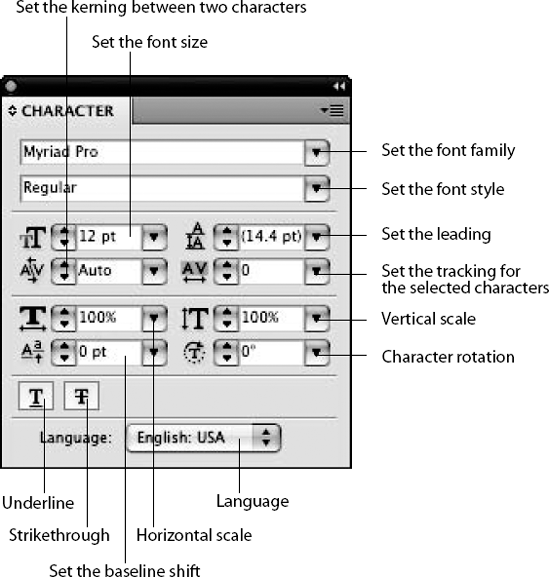 The Character panel allows you to set a number of character properties in one place.