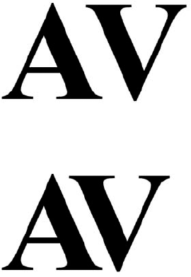 The top letters are using Auto kerning (−129). The bottom letters are using −250 kerning.