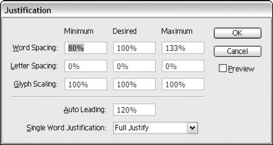 The Justification dialog box allows you to control how Illustrator applies paragraph justification.