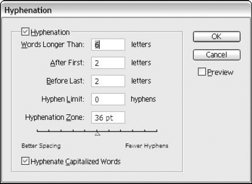 The Hyphenation dialog box allows you to fine-tune the way Illustrator hyphenates text.