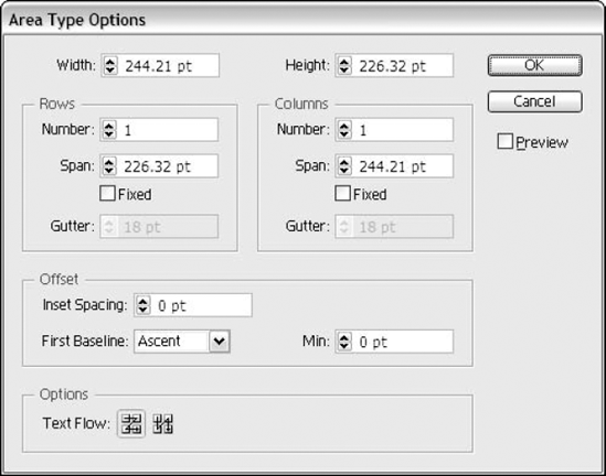 The Area Type Options dialog box allows you to create additional columns and rows in your text blocks.