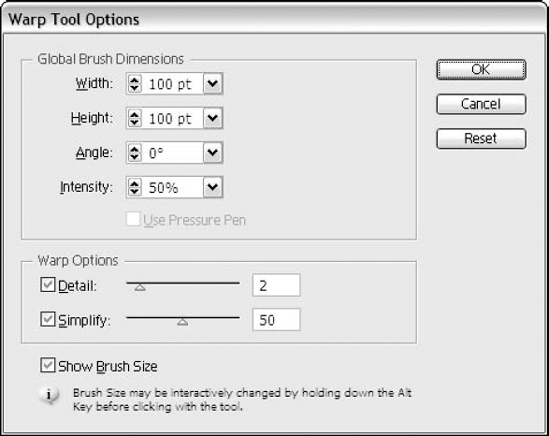 The Warp Tool Options dialog box gives you great latitude in warping objects.