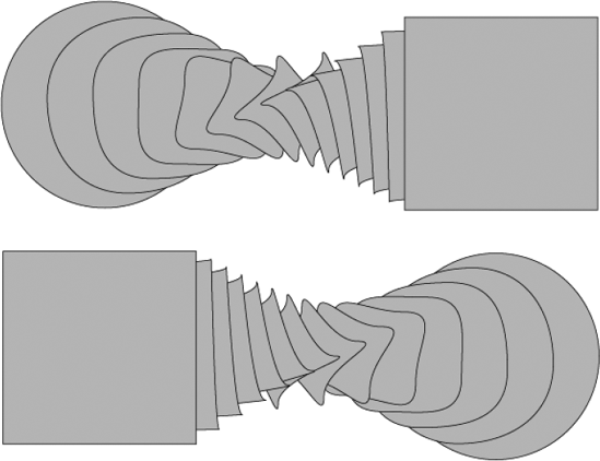 Reversing the spine changes the original (top) by swapping the position of the shapes (bottom).