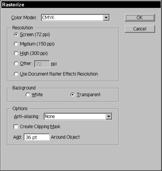 The Rasterize dialog box allows you to convert objects to raster objects by using an effect that can be edited later.