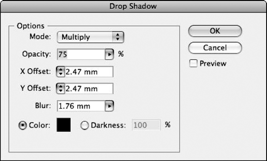 The Drop Shadow dialog box allows you to quickly produce drop shadow effects.