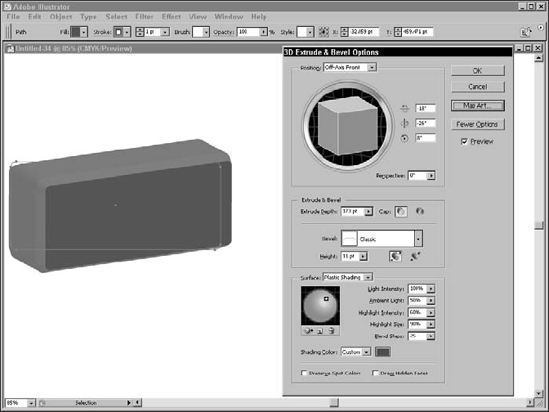 This figure shows the 3D Extrude & Bevel Options dialog box along with the path for a sign.