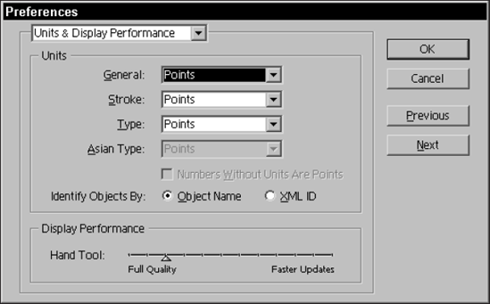 The Units & Display Performance section of the Preferences dialog box allows you to choose the measurement units for Illustrator.