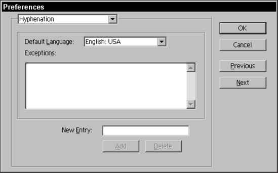 The Hyphenation section of the Preferences dialog box enables you to control how special words are hyphenated.