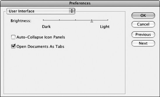 The User Interface section of the Preferences dialog box enables you to specify how bright the UI appears.
