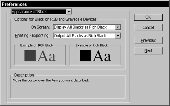 The Appearance of Black section of the Preferences dialog box enables you to control how Illustrator treats black sections of your documents.