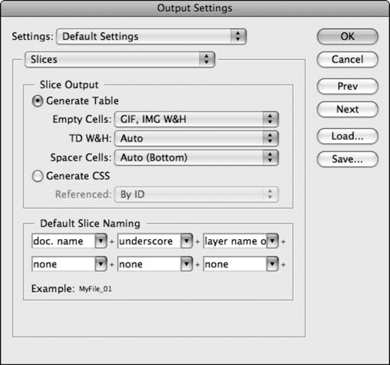 The Slices pane in the Output Settings dialog box