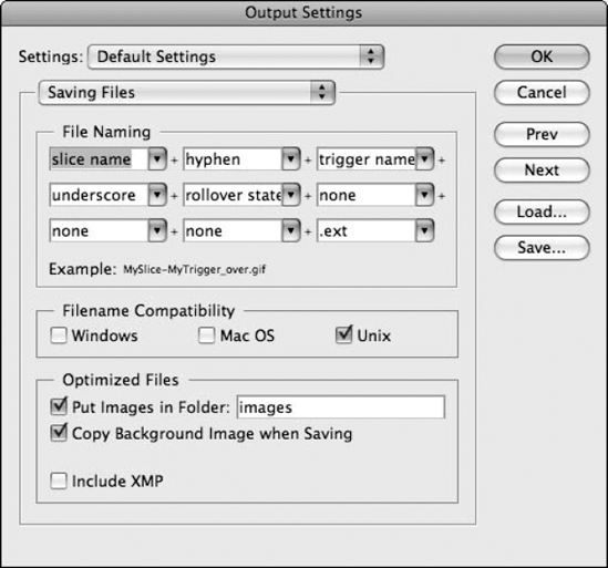 The Saving Files pane in the Output Settings dialog box