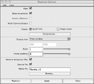 Options for creating a Playblast preview