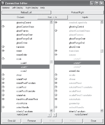 The Connection Editor shows a newly created connection between a cone and a sphere.