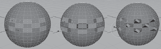 Extruding several faces at once on a sphere. The left shows the selected faces, the middle shows those faces extruded, and the right shows those faces extruded with a rotation and smaller scale.