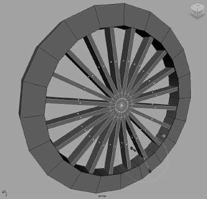 Extrude the outer faces of the hub to create the spokes.