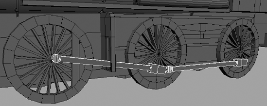 Add the wheel arms to the wheels to drive the locomotive.