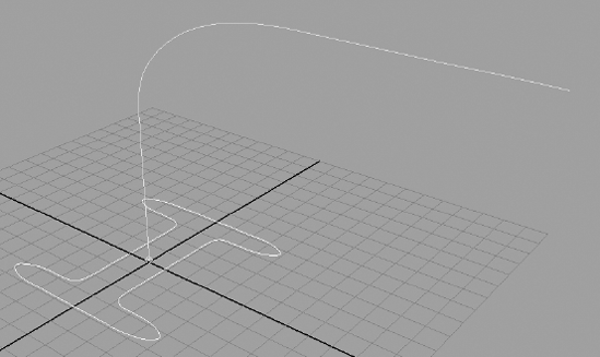 The profile curve is drawn in the shape of an I, and the path curve comes up and bends toward the camera.