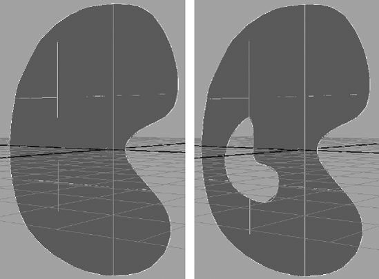 A planar surface based on a single curve (left). A planar surface based on a curve within a curve to create the cutout (right).