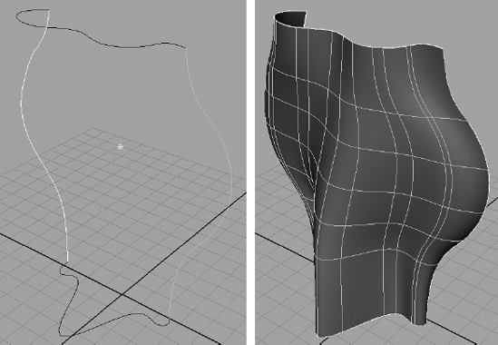 Four curves are arranged to create the edges for a surface (left). The resulting boundary surface formed from the four curves (right).