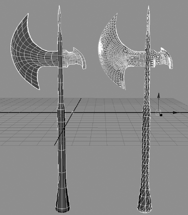 A faithful high-poly conversion (on the right) of the NURBS axe (on the left)