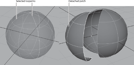 Detach Surfaces cuts a surface at the selected isoparms to create a new surface.