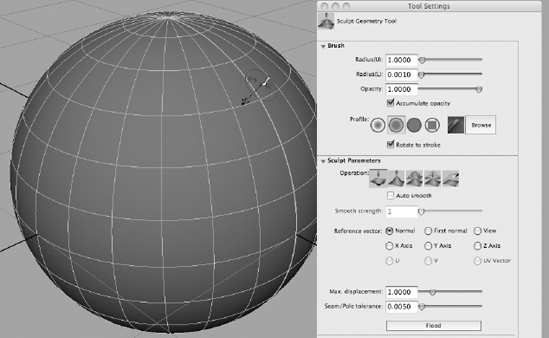 The Sculpt Geometry tool allows you to mold your surface by painting on it. Here the brush is set to push in the surface of the sphere as you paint.