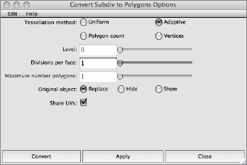 The Convert Subdiv to Polygons Option box