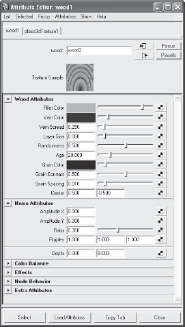 The Wood texture in its Attribute Editor