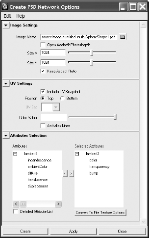 The Create PSD Network Options window