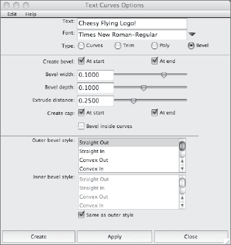 The Text Curves Options window