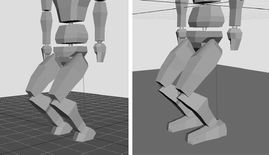 Creating another IK chain from the ankle to the tip of the foot and setting keyframes makes the feet stay on the ground (right) and not rotate into the ground (left).