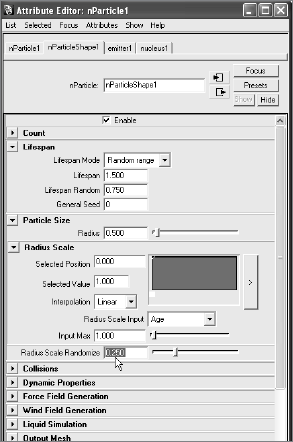 The initial radius settings for the steam nParticles