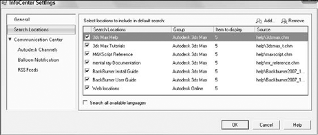 The InfoCenter Settings dialog box lets you specify which items are searchable.