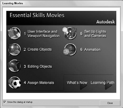 The Learning Movies dialog box includes video clips showing the basic skills you need for working with Max.