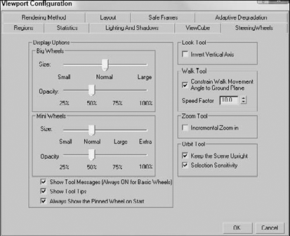 The SteeringWheels panel in the Viewport Configuration dialog box includes settings for the various wheels.