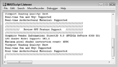 The HelpDiagnose Video Hardware menu runs a script in the Listener window that shows which shading method is supported by your video card.