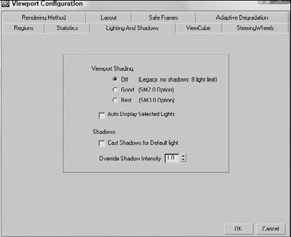 The Lighting and Shadows panel includes default settings for displaying interactive lights and shadows in the viewport.