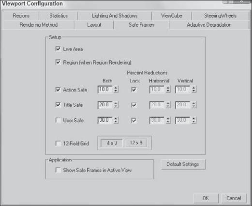 The Safe Frames panel lets you specify areas to render.