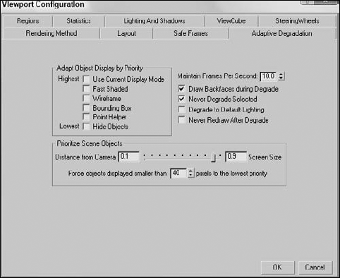 The Adaptive Degradation panel maintains a defined frame rate by degrading the rendering level.