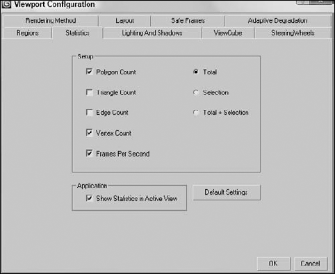 The Statistics panel lets you display polygon count and frames per second in the viewport.