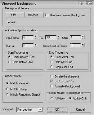 The Viewport Background dialog box lets you select a background source image or animation.