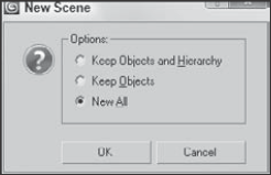 When creating a new scene, you can keep the current objects or select New All.