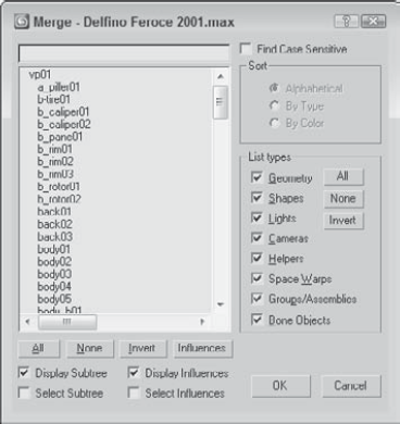 The Merge dialog box lists all the objects from a merging scene.