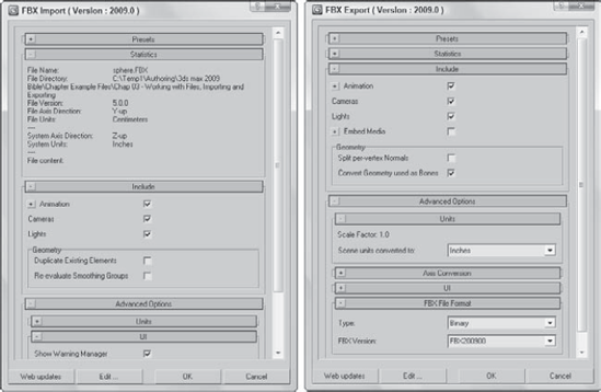 The FBX Import and Export dialog boxes provide the best way of transferring among Max, Maya, and MotionBuilder.