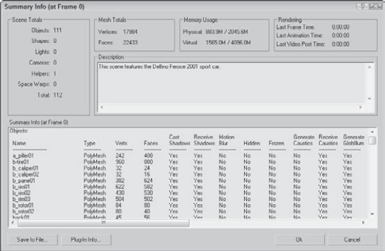 The Summary Info dialog box shows all the basic information about the current scene.